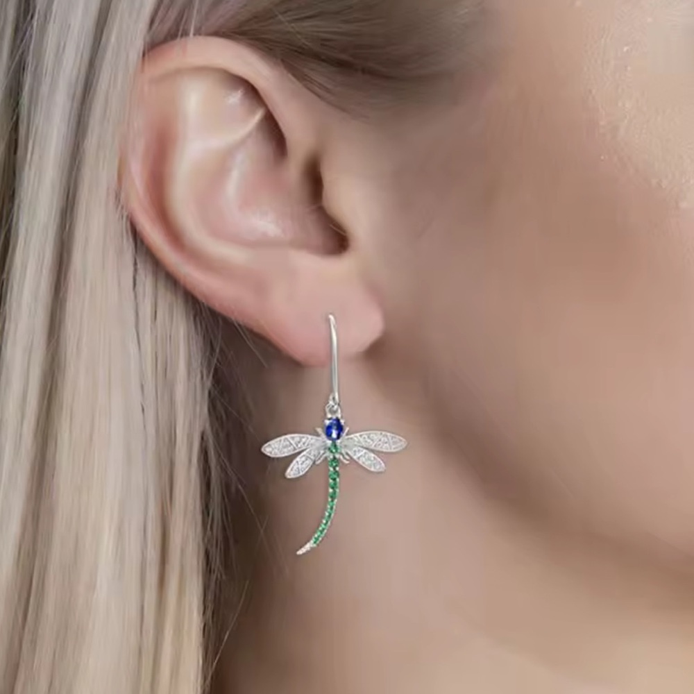 Emerald Green Dragonfly Dangle Earrings - Picture 7 of 10